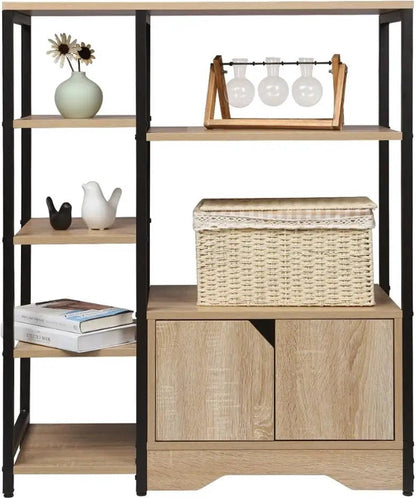 Boekenkast - 80x35x97cm - met Kastje -  5 Lagen - MDF en Metaal - Licht Eiken Kleur - 6-laags - Houten Boekenplank - Opbergrek - Staande Plank - Hoekboekenkast - Organizer voor Woonkamer en Kantoorkeuken