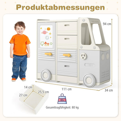 Speelgoedrek Bus – Kindershelf – Opbergkast – Kinderboekenrek – Speelgoedkast – Met Whiteboard – 111 x 34 x 94 cm – Veilig HDPE & PP Materiaal