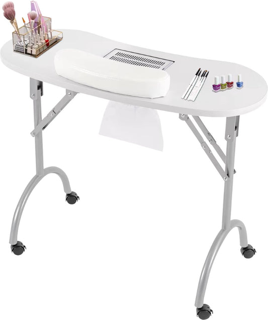 Manicure Tafel - Nageltafel Met Afzuiging - Opvouwbaar - Op Wielen - 90x40 cm - Wit - Inclusief Stofzakken en Draagtas - Nagel Stofafzuigers