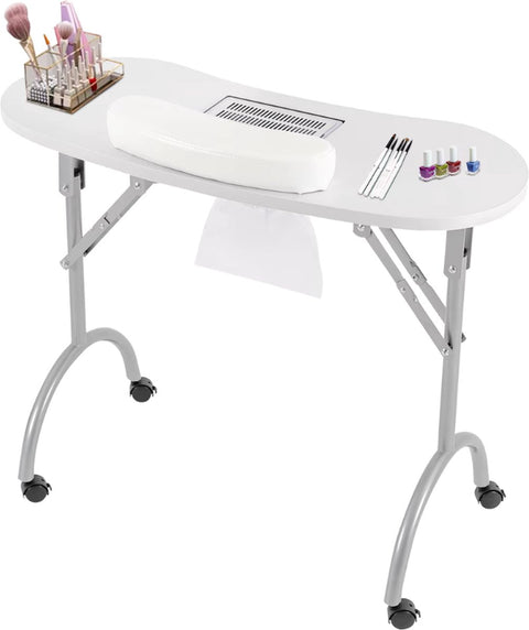 Manicure Tafel - Nageltafel Met Afzuiging - Opvouwbaar - Op Wielen - 90x40 cm - Wit - Inclusief Stofzakken en Draagtas - Nagel Stofafzuigers