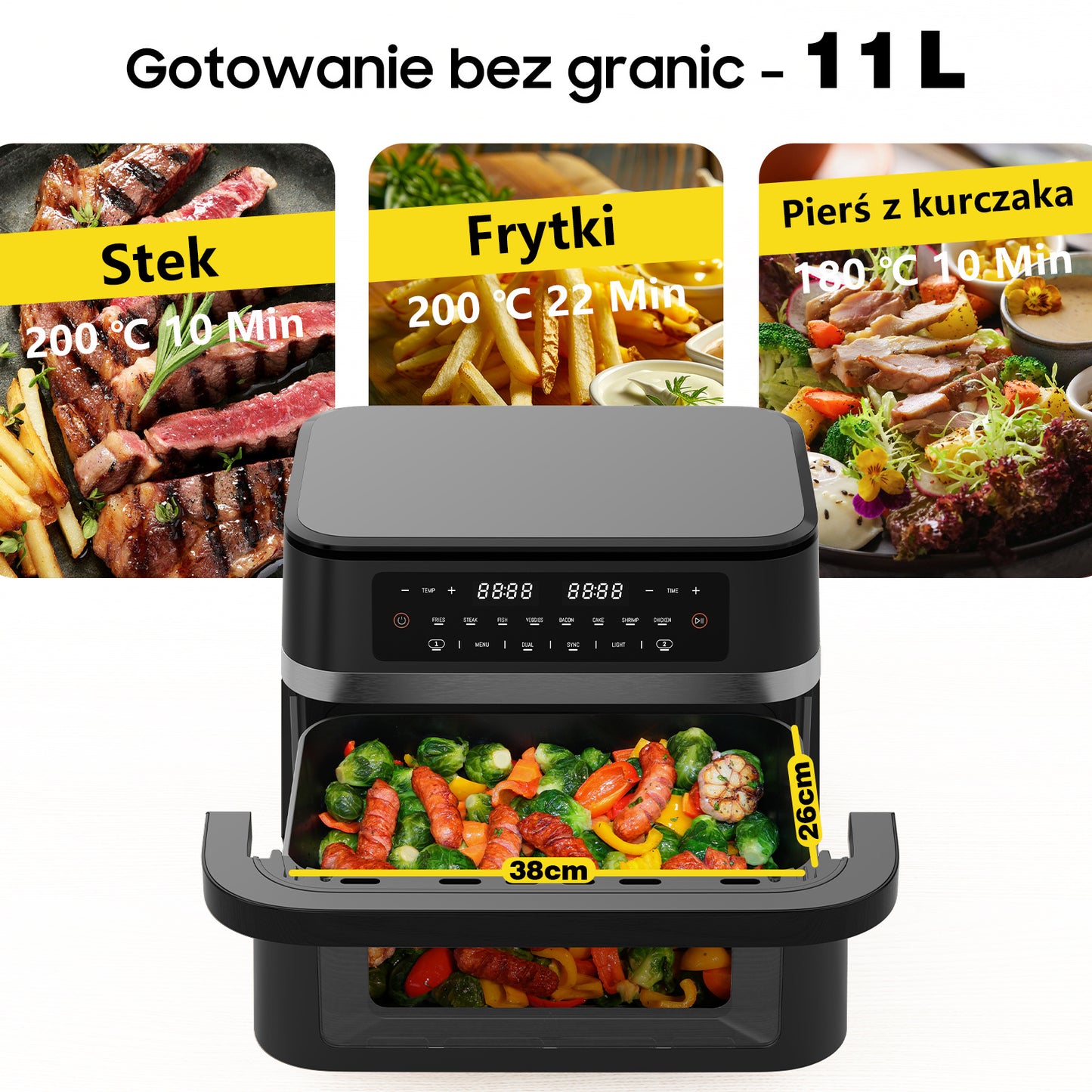 Airfryer – Heteluchtfriteuse – Digitale Friteuse – Gezond Koken – XXL 11L – 2950W Vermogen – Dual-Zone Met Verwijderbare Divider