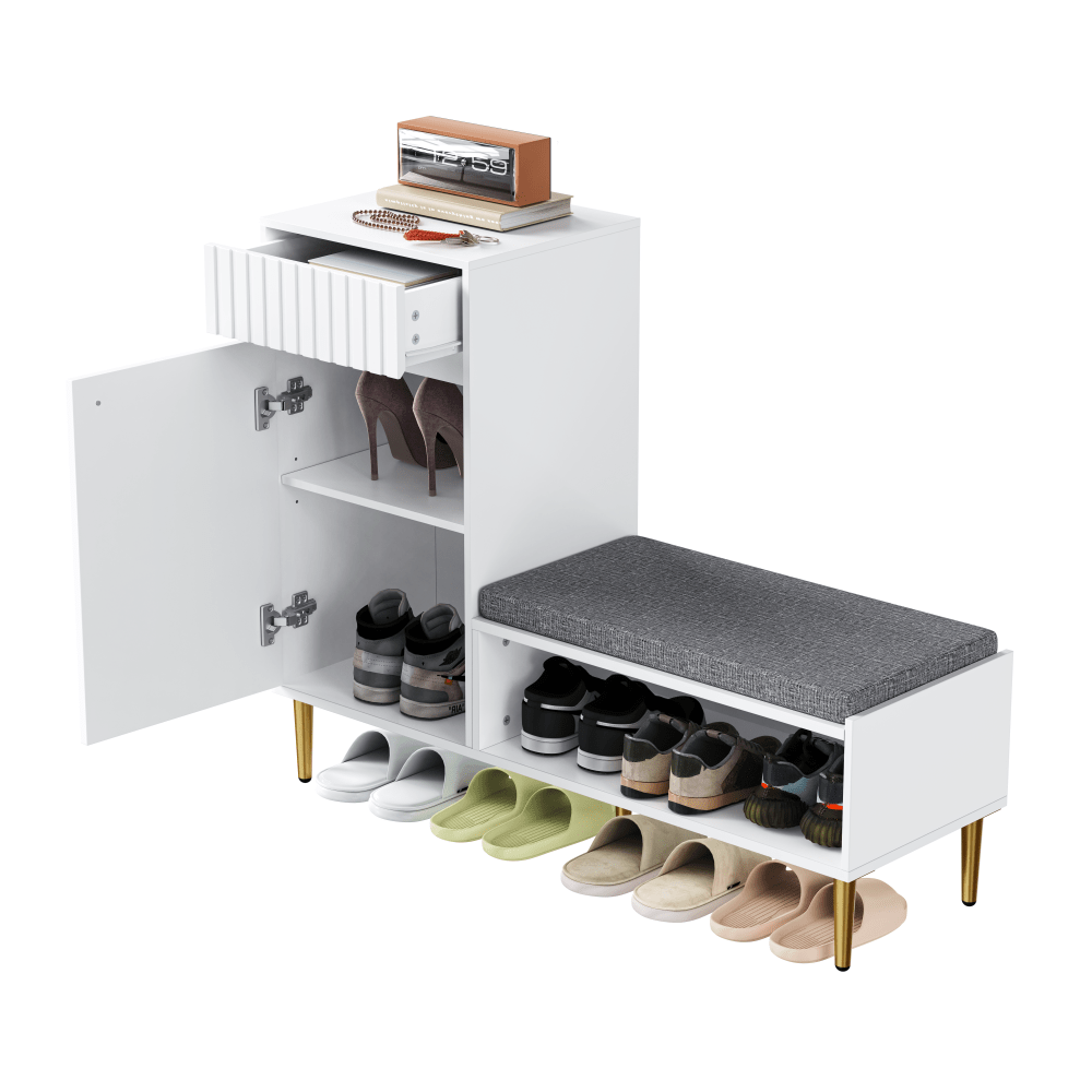 Contemporary Shoe Storage Unit Featuring a Bench, a Door, a Drawer, And an Open Shelf, with a Padded Design; Color: White, Measurements: 100 × 35 × 82.2 Cm (Width × Height × Depth)