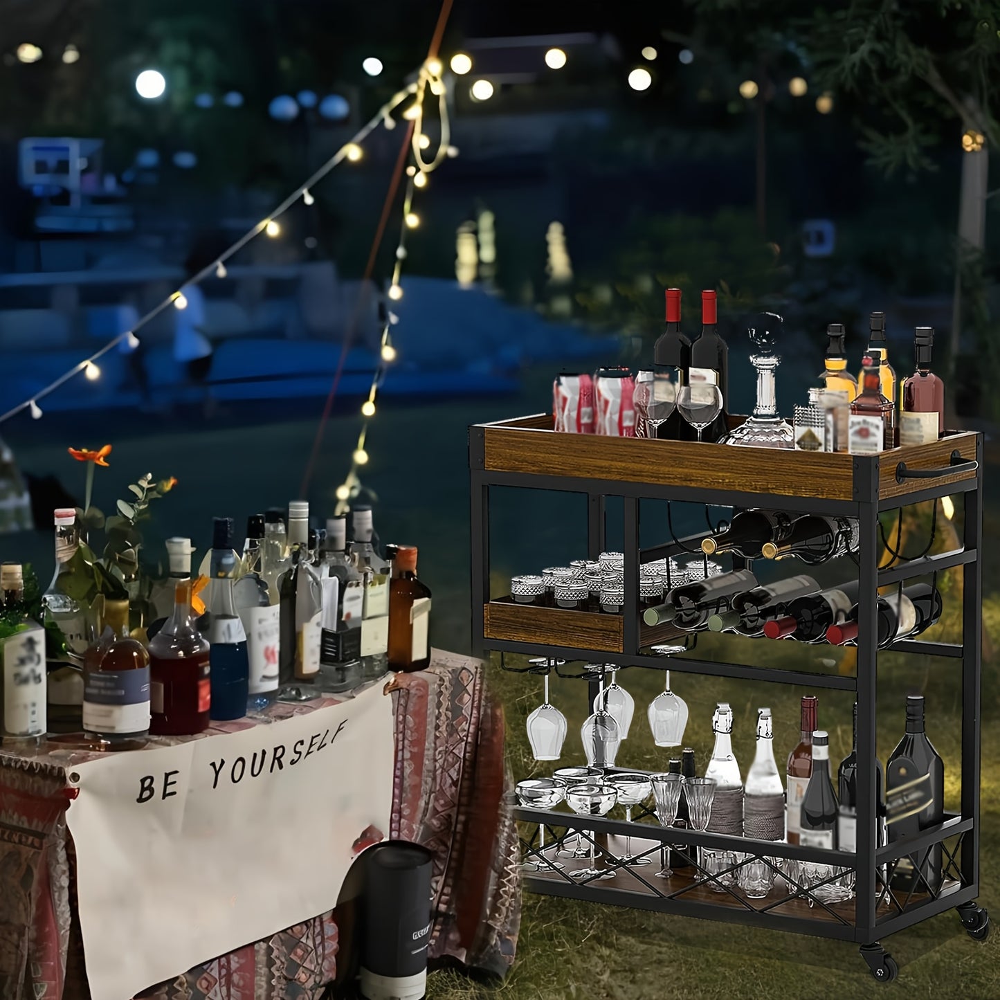 Vintage Industrieel Barwagen – Bar Cart – Serveerwagen – Wijnrek Trolley – Keukenwagen – 85x40x90 cm – Met 8 Wijnrekken en Glashouder – Mobiel Met Wieltjes – Bruin Hout Afwerking