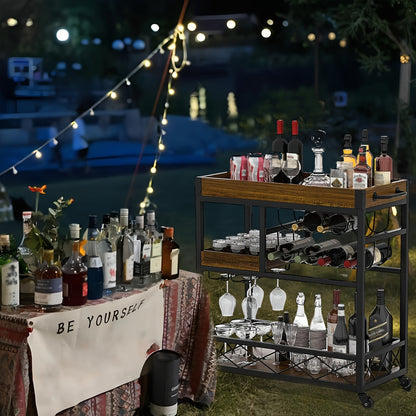 Vintage Industrieel Barwagen – Bar Cart – Serveerwagen – Wijnrek Trolley – Keukenwagen – 85x40x90 cm – Met 8 Wijnrekken en Glashouder – Mobiel Met Wieltjes – Bruin Hout Afwerking