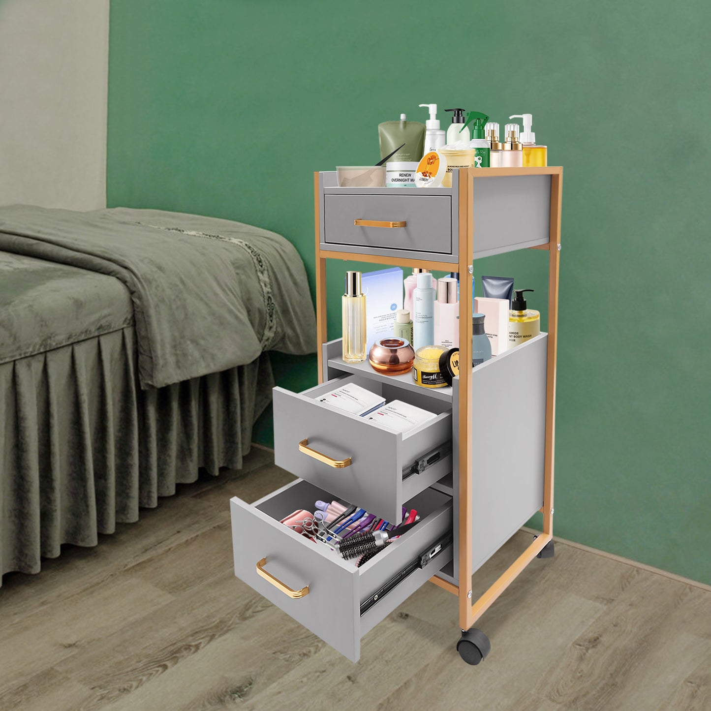 Kapperswagen – Kappers Trolley – Werkwagen – Salonwagen – Opbergtrolley – Met 3 Lades & 2 Open Legplanken – Stevig Metalen Frame & Makkelijk Verplaatsbaar Op Wieltjes