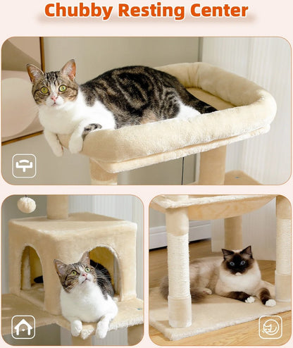 Luxe Kattenboom met Krabpaal - Kattenspeeltoestel - Kattenaccessoires - Huisdierspeelgoed - Groot - 45x55x143cm - Hout - 12,3kg - Beige