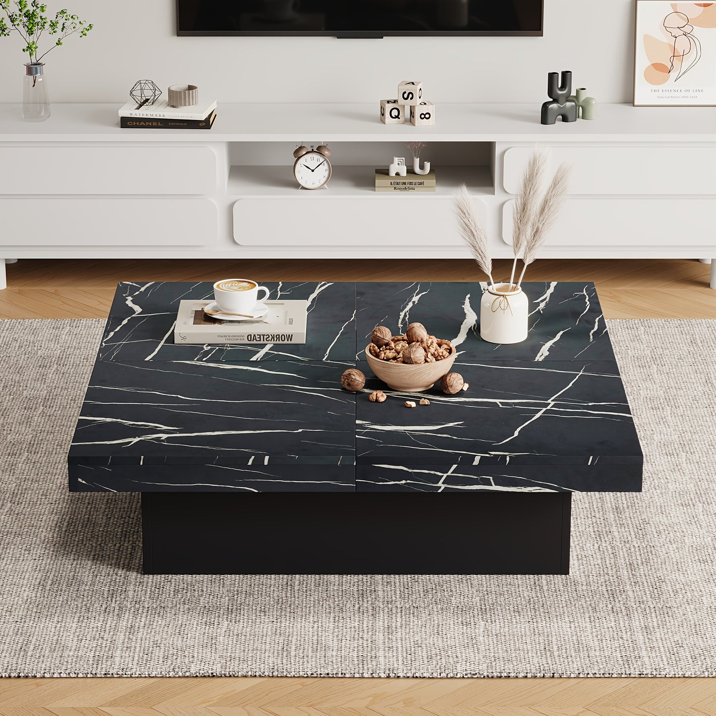 Salontafel – Koffietafel – Bijzettafel – Woonkamertafel – Tafel – Zwart – Marmerlook – Vier Lades – Schuifbaar Tafelblad – Max Belastbaar 30 kg