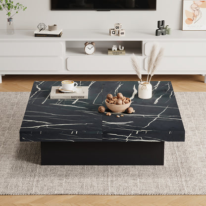 Salontafel – Koffietafel – Bijzettafel – Woonkamertafel – Tafel – Zwart – Marmerlook – Vier Lades – Schuifbaar Tafelblad – Max Belastbaar 30 kg