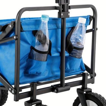 Bolderkar – Bolderwagen – Opvouwbare Handkar – Strandkar – Tuinkar – 360° Draaibare Voorwielen – Verstelbare Handgreep – Blauw – Met Bekerhouder En Zijvak