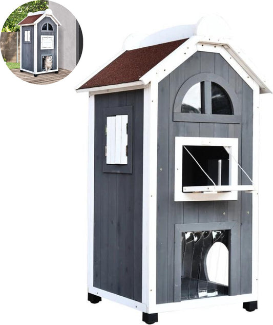 Kattenhuis - voor Ouiten - Hok - Kooi - Bench - Ren - 2 Verdiepingen - Duurzaam - Grijs - QUORE