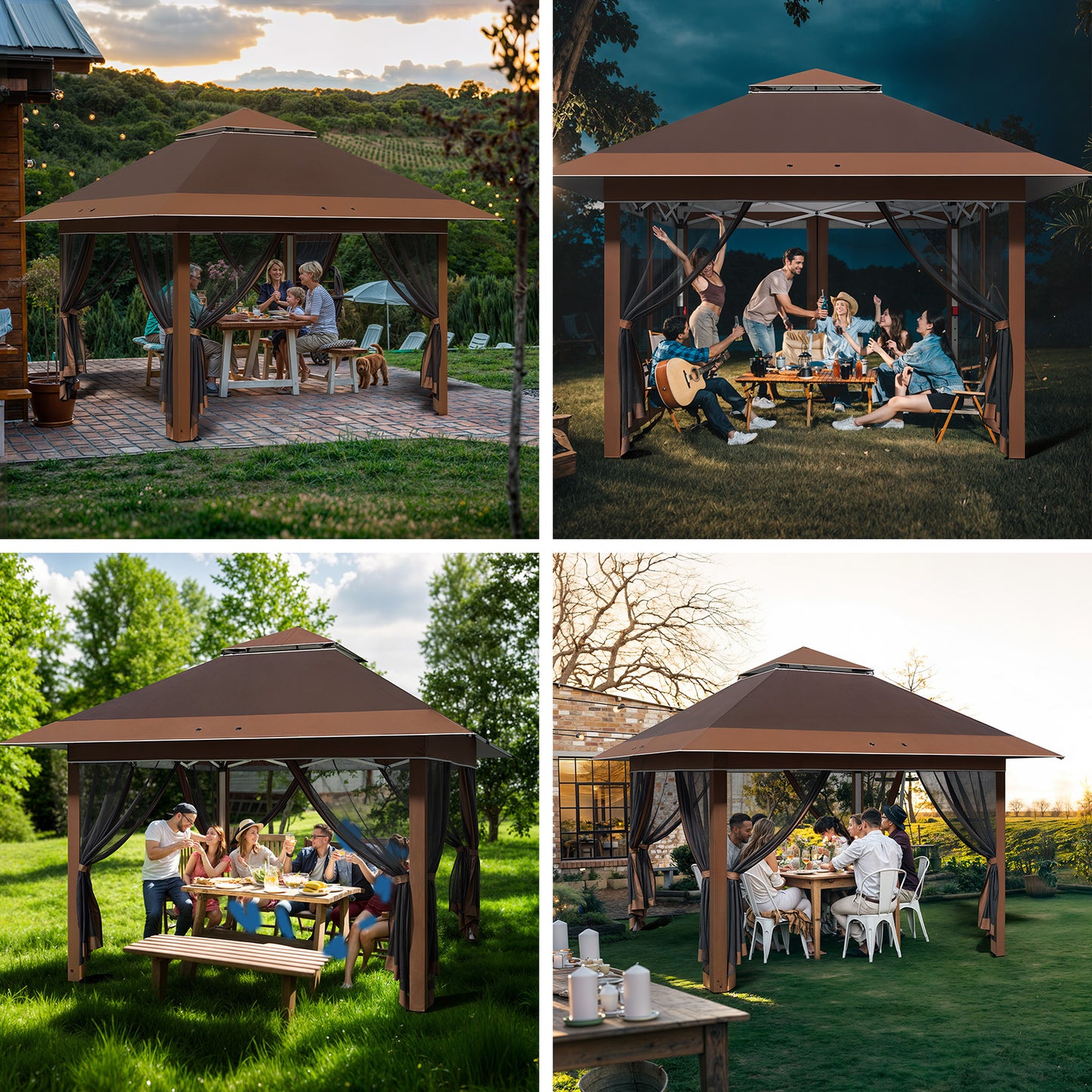 Paviljoen – Tuinpaviljoen – Partytent – Pergola – Prieel – Verstelbare Hoogte – Met Muskietennet – 3,28x3,28 m – Aluminium Frame – Opvouwbaar Met Draagtas Op Wieltjes - Bruin