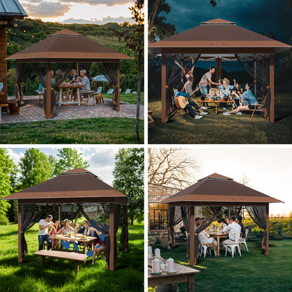 Paviljoen – Tuinpaviljoen – Partytent – Pergola – Prieel – Verstelbare Hoogte – Met Muskietennet – 3,28x3,28 m – Aluminium Frame – Opvouwbaar Met Draagtas Op Wieltjes - Bruin