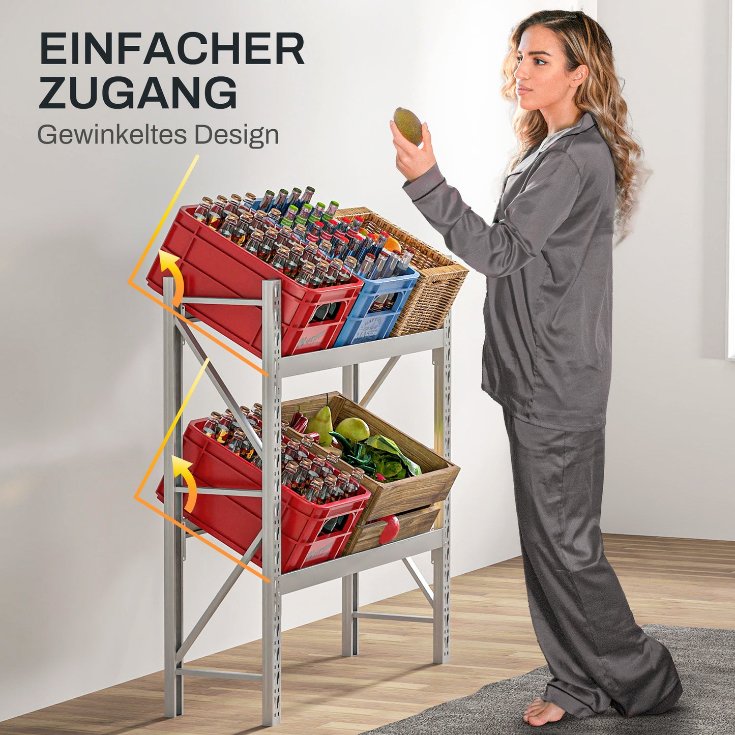 Drankenkistenrek – Bewaarkastje – Opbergrek – Krattenrek – Stelling – Wit Stalen Frame – Verstelbare Hoogte – 110x30x110 cm – 6 Kratten capaciteit