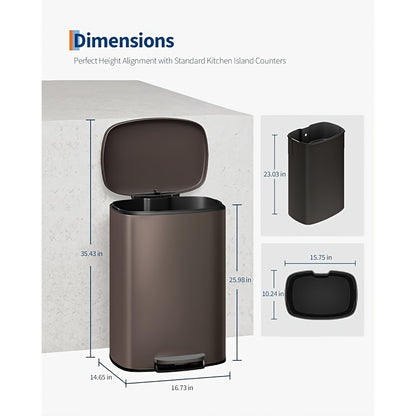 50 L and 10 L Rustproof Trash Can Combo Set | Stainless Steel Garbage Can with Lid, Step-on Bin with Inner Bucket, Rear Handle, Varnished Finish, 408 Stainless Steel - Towallmark