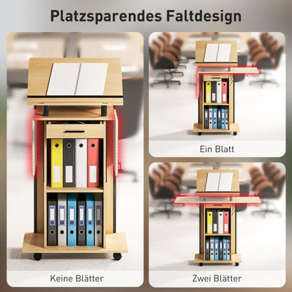 Presentatiewagen – Mobiel Presentatiepodium – Laptoptafel – Podium met Opbergruimte – Verrijdbaar Trolley – Inklapbare Zijpanelen – Stevig Hout – Ergonomische Hoogte 117 cm