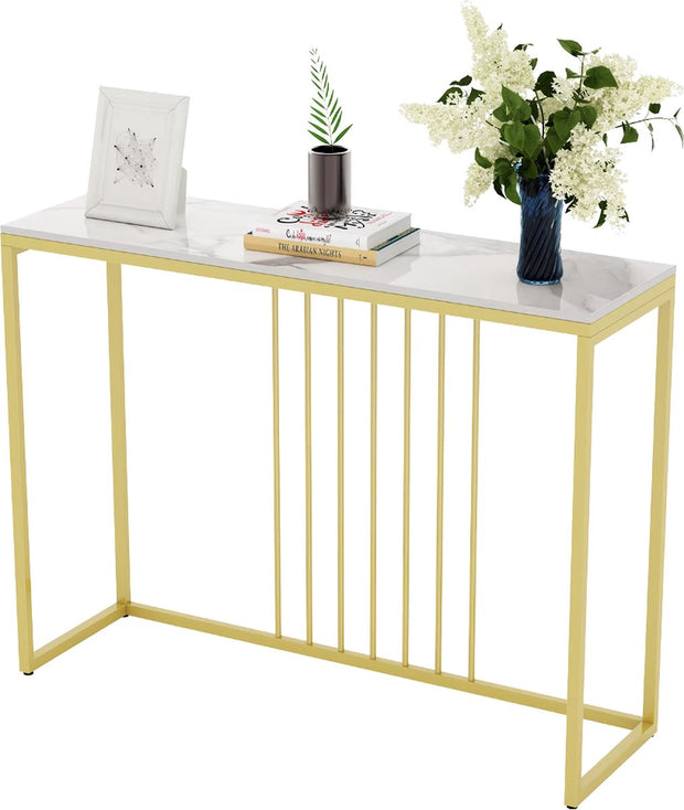 Luxe sidetable - Muurtafel - Wandtafel - Bijzettafel - Console tafel - Wandbureau - Kaptafel - Bartafel - Wit marmer blad - Goud frame - 100 x 300 x 78.5cm