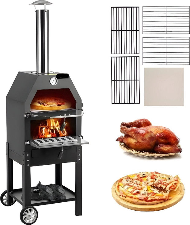 Onderweg online - Luxe BBQ - Pizza oven - 2-in-1 - Houtoven - Pizzasteen - Houtskool BBQ - 45.8x46.4x141.8 cm