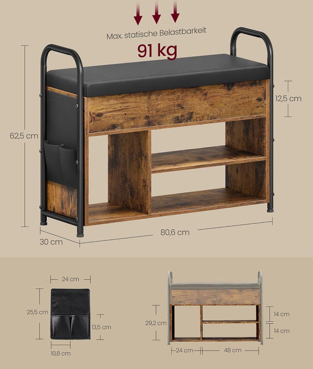 Schoenenbank met zitvlak - schoenenrek - zitbank met opbergruimte onder het deksel - PU-organizer - handgrepen - voor hal - woonkamer - slaapkamer - vintage bruin-inktzwart
