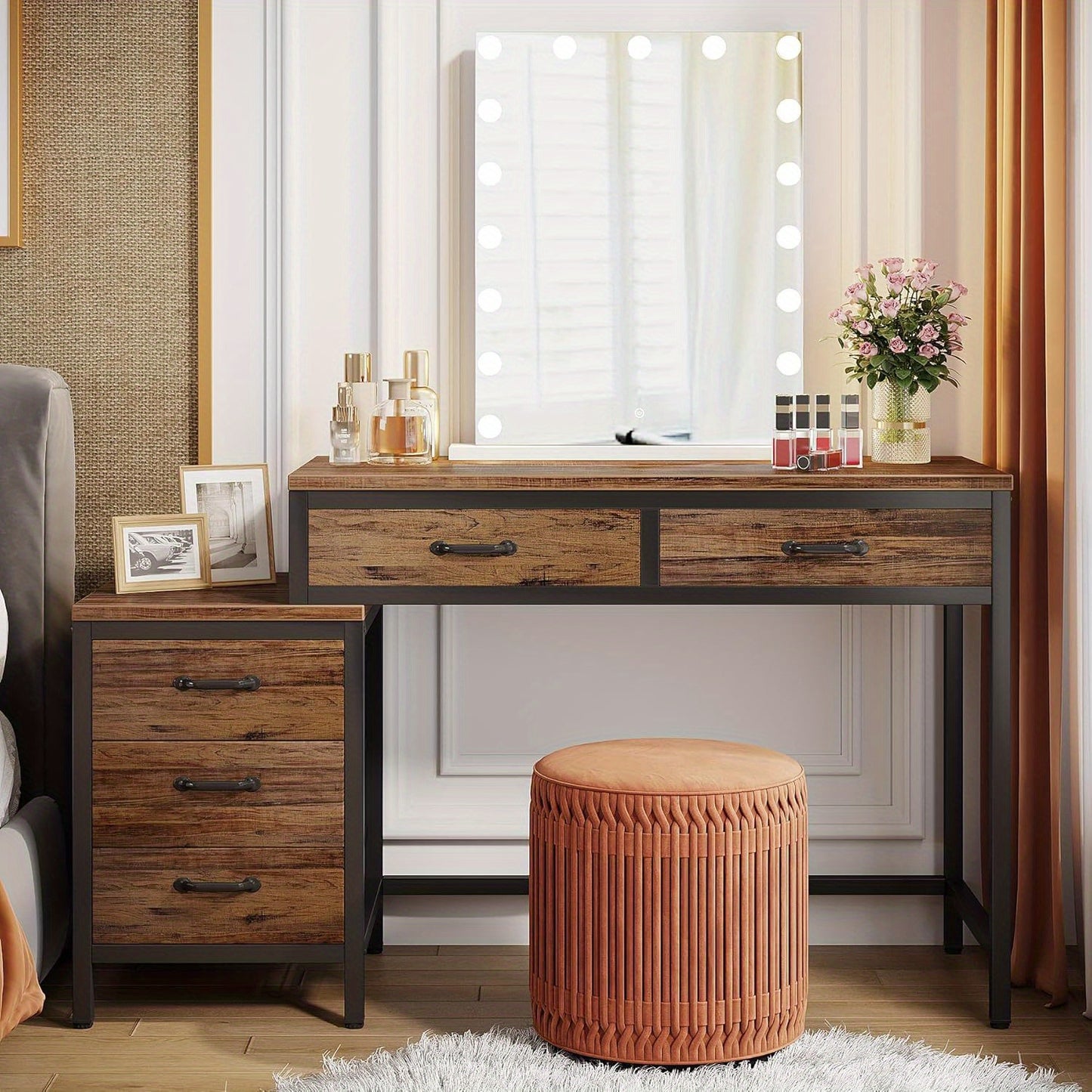 Make-up tafel – Kaptafel – Schminktafel – Make-up bureau – Make-up organizer – Vintage stijl – 5 lades met omkeerbare zijlade – Stabiel metalen frame