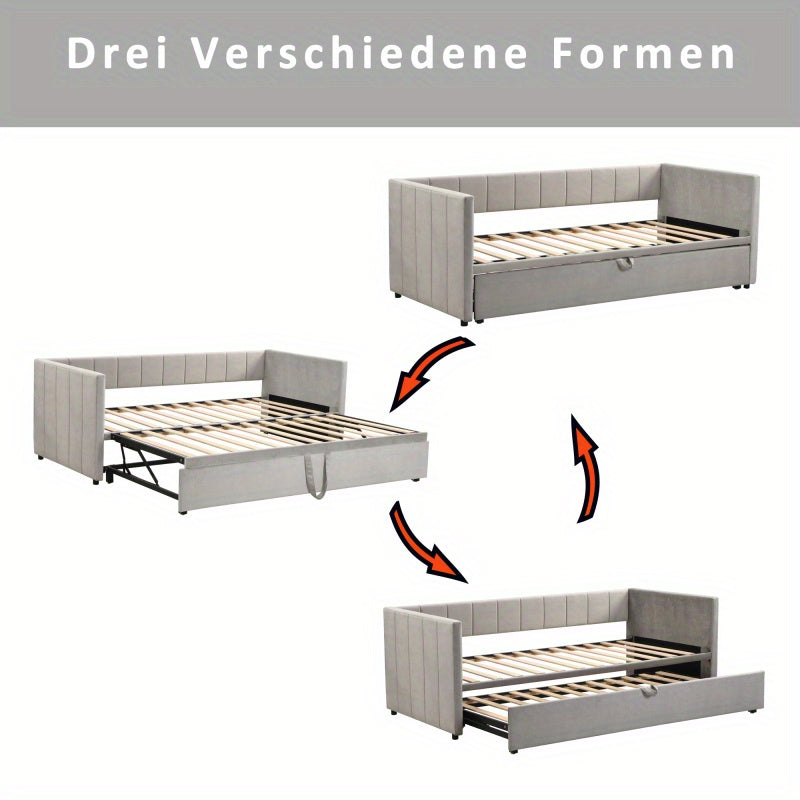 Uitschuifbare Gestoffeerde Slaapbank – Slaapbank – Divanbed – Bankbed – Logeerbed – Lichtgrijs – 90x200 tot 180x200 cm – Lattenbodem geïntegreerd