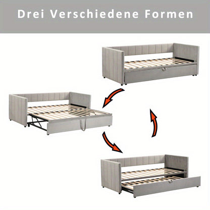 Uitschuifbare Gestoffeerde Slaapbank – Slaapbank – Divanbed – Bankbed – Logeerbed – Lichtgrijs – 90x200 tot 180x200 cm – Lattenbodem geïntegreerd