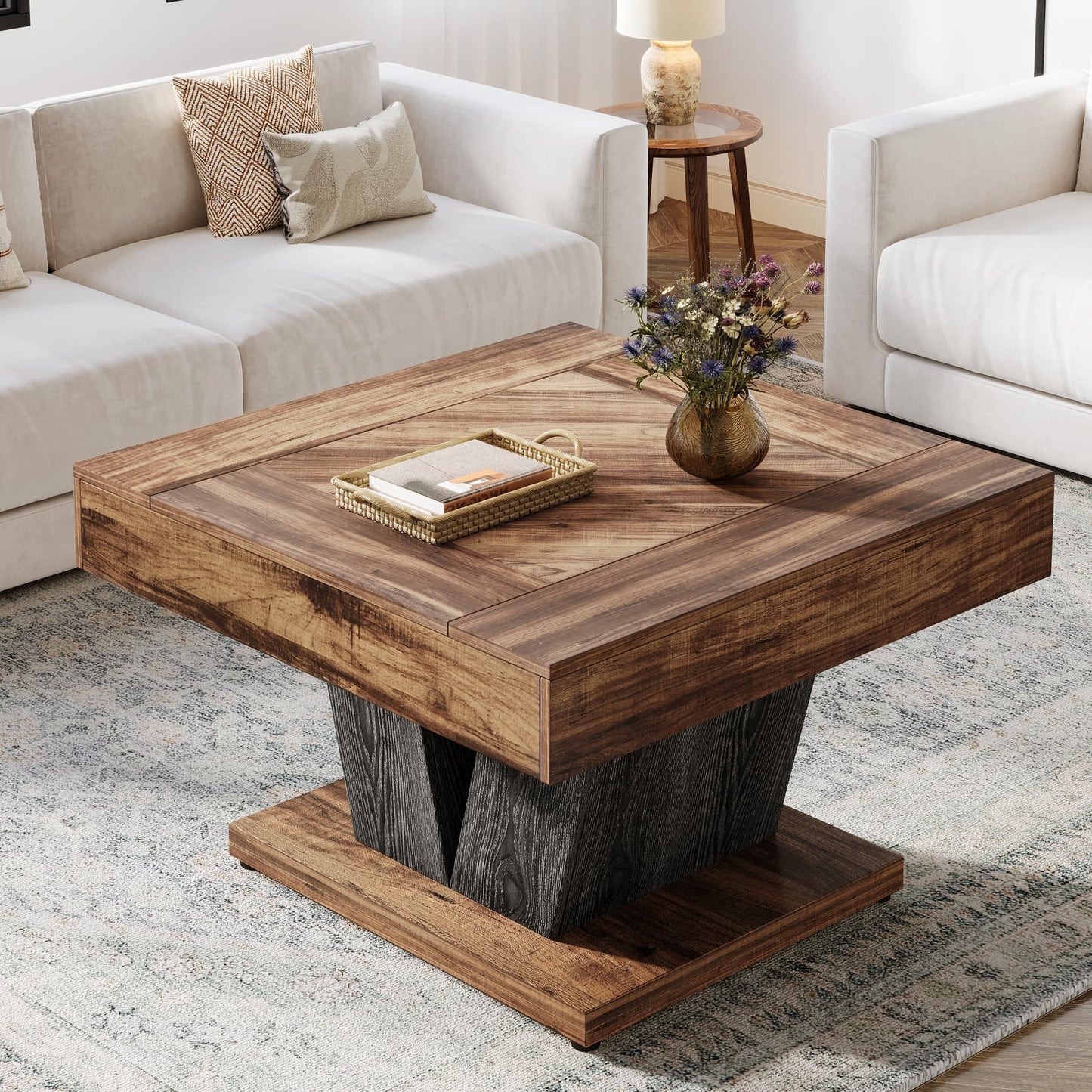 Moderne Salontafel – Vierkante Tafel – Woonkamertafel – Koffietafel – Accenttafel – Rustiek Bruin Zwart – Stevig MDF Tafelblad – Space-Saving Ontwerp 80 cm