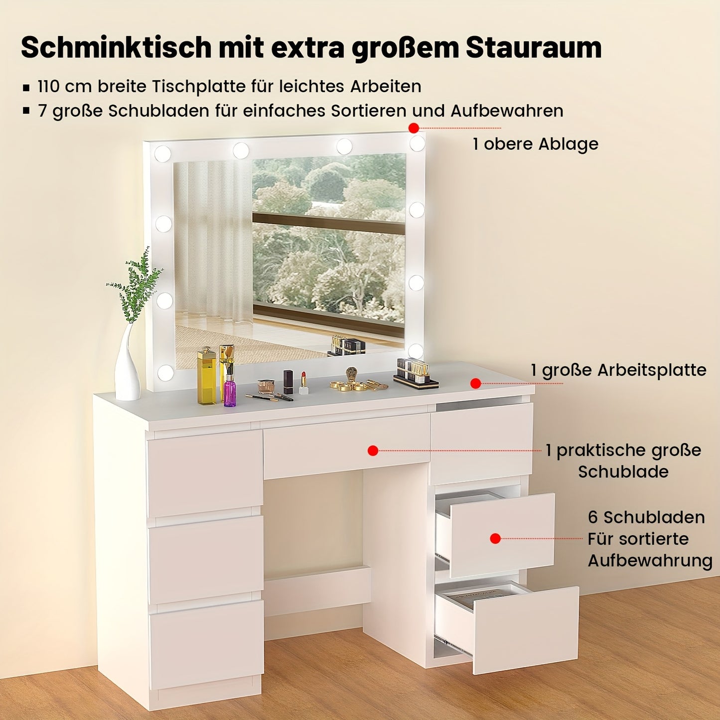 Kehot OYAJIA-GS03 Kaptafel met USB-Verlichting – 6 Laden & Planken, 68,5 cm Hoog – Wit, Moderne Make-up Tafel met 3,2+ Cubic Feet Opbergruimte