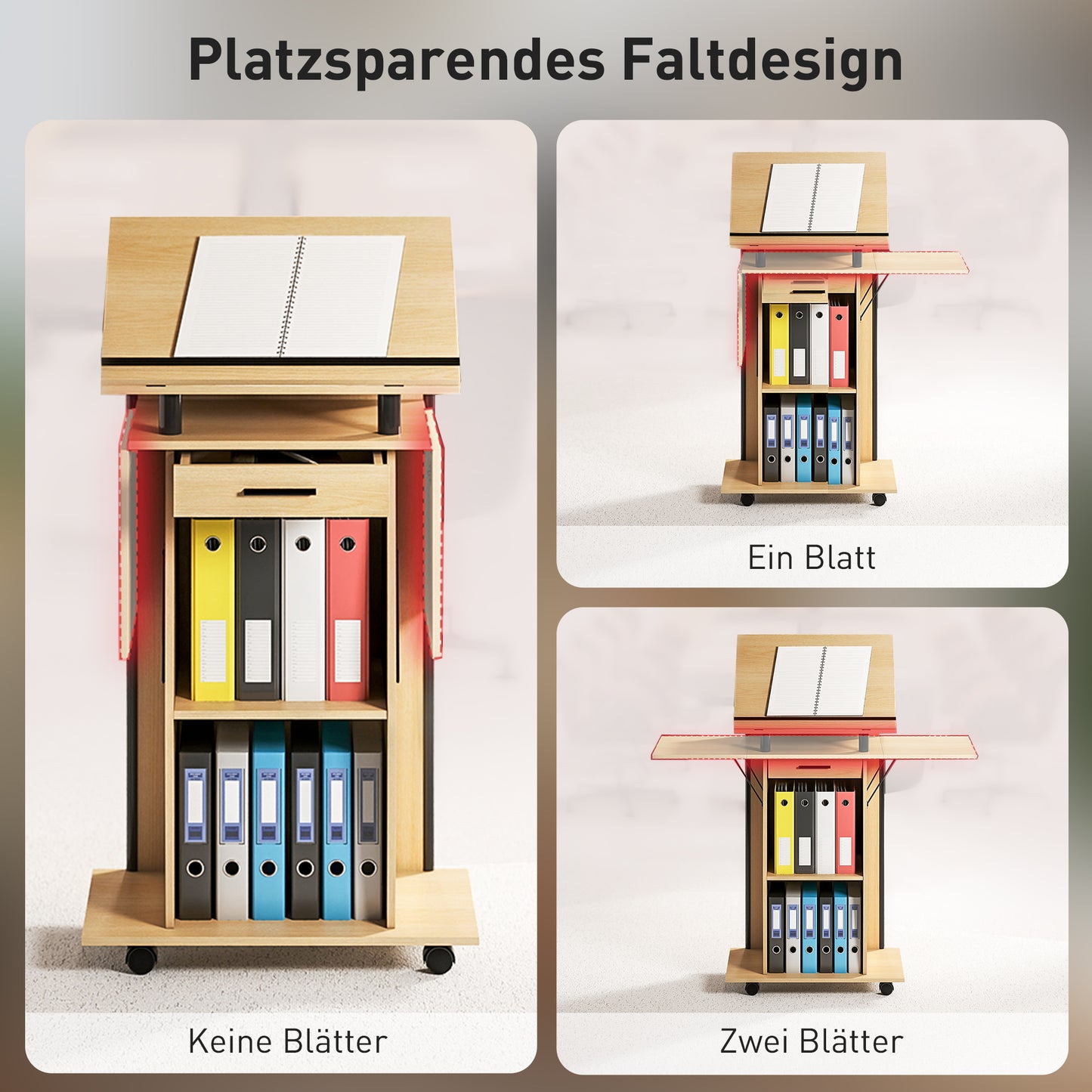 Mobiel Podium – Spreekgestoelte – Presenteertafel – Lecter – Werkplek – Eikenlook Afwerking – Inklapbare Zijpanelen – Lade en Opbergruimte