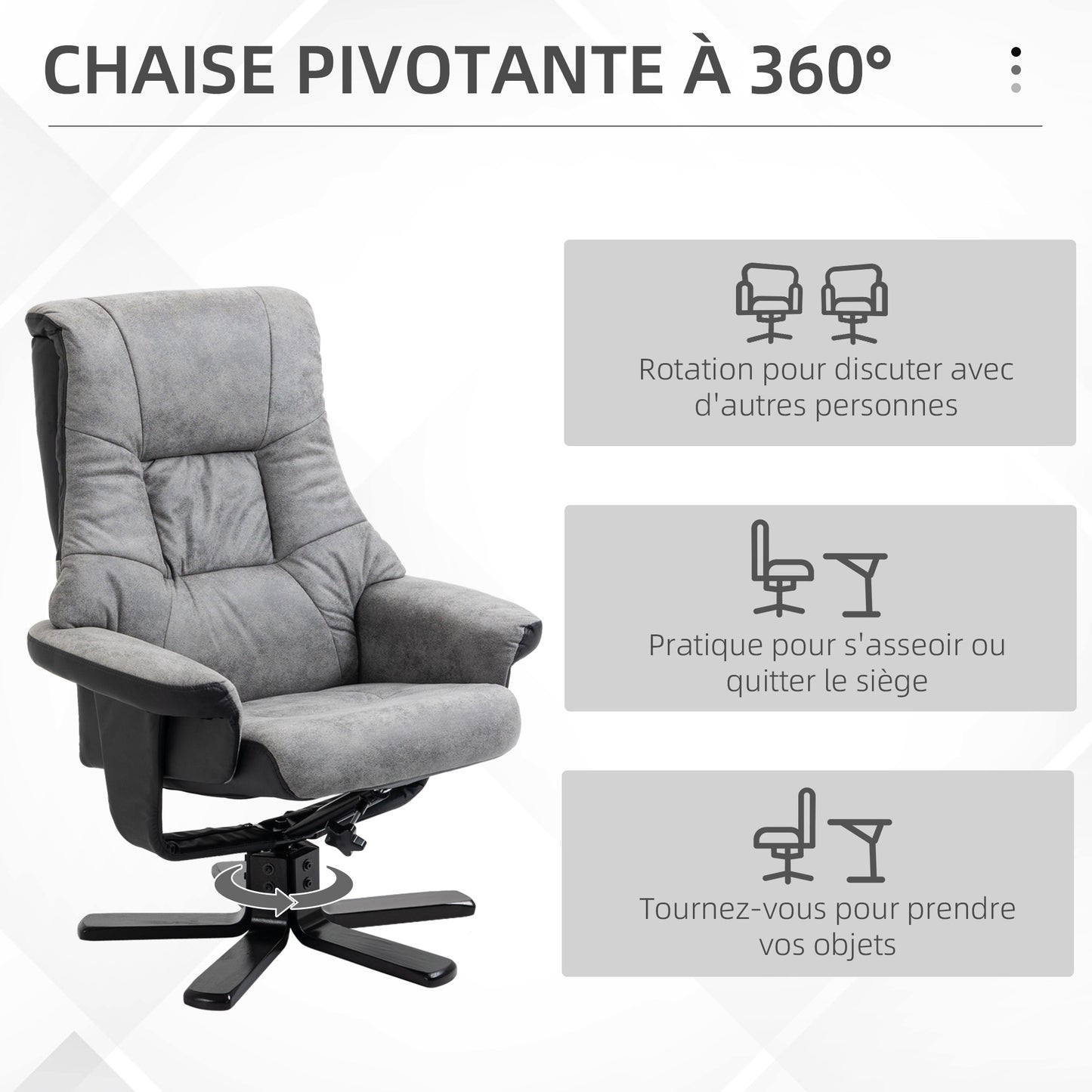 HOMCOM Reclining Lounge Chair with Footrest, 360° Swivel, Microfiber Upholstery, Solid Wood Legs, Thick Padded Seat, Gray, 135 cm