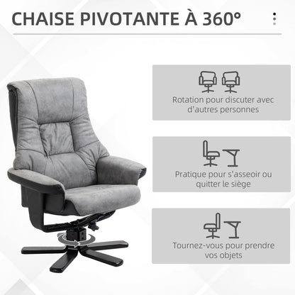 HOMCOM Reclining Lounge Chair with Footrest, 360° Swivel, Microfiber Upholstery, Solid Wood Legs, Thick Padded Seat, Gray, 135 cm