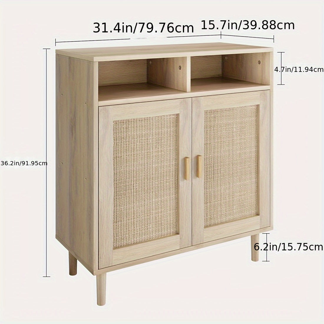 Rattan Sideboard – Buffetkast – Dressoir – Keukenkast – Opbergkast – Massief Hout & MDF – 3,2+ Kubieke Voet Opbergruimte – Freestanding 68,58 cm Hoog