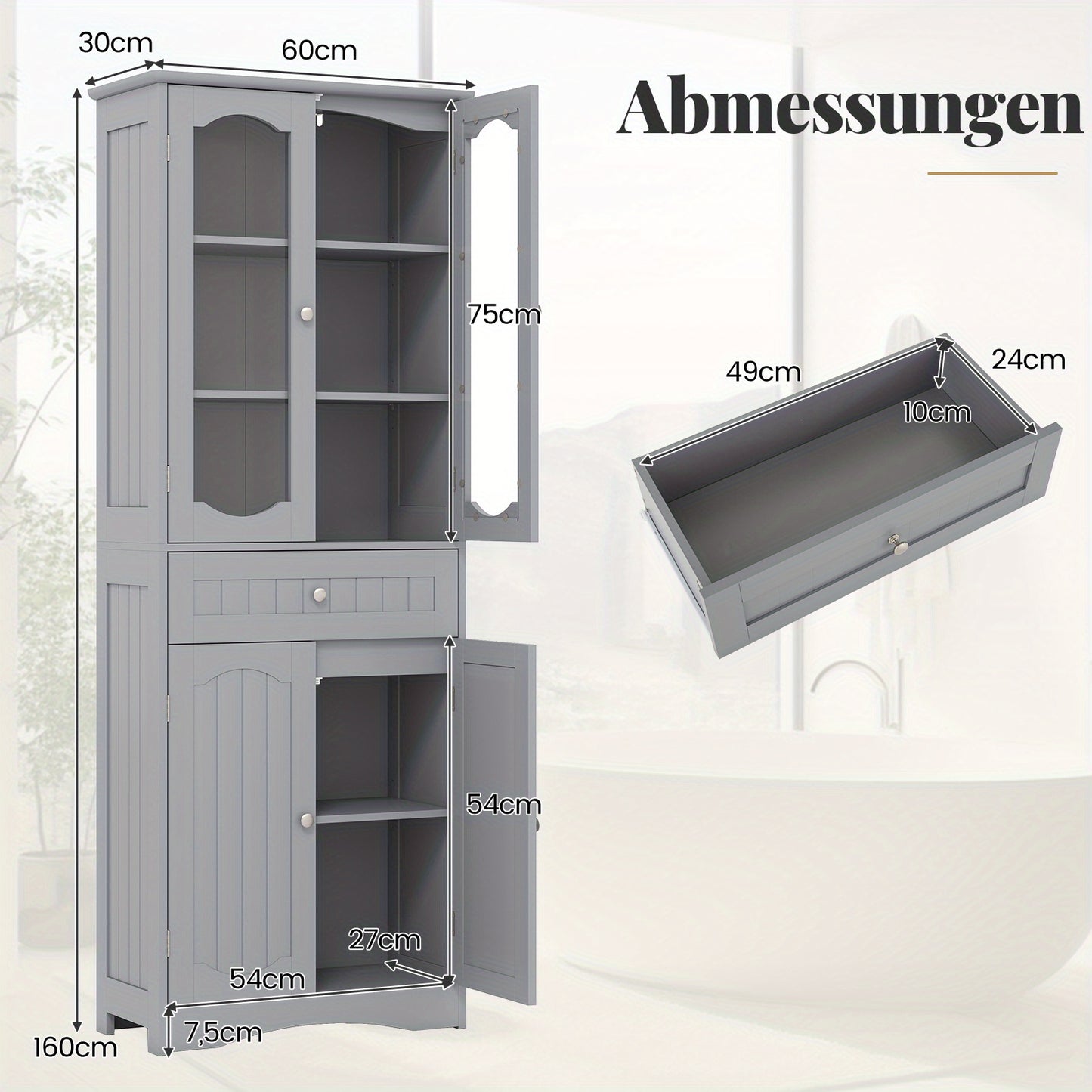 Badkamerkast – Opbergkast – Bergkast – Kastje – Vrijstaande Kast – Met Verstelbare Planken – Lichtgrijs MDF Met Gehard Glas