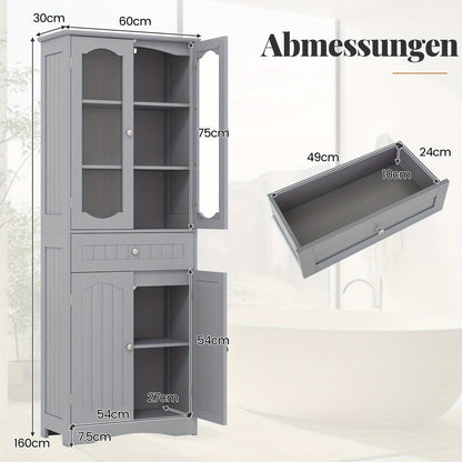 Badkamerkast – Opbergkast – Bergkast – Kastje – Vrijstaande Kast – Met Verstelbare Planken – Lichtgrijs MDF Met Gehard Glas
