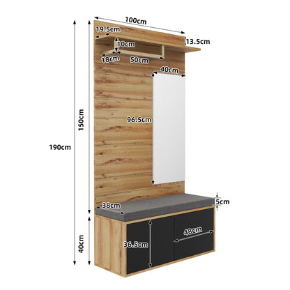 BTM Compact Wardrobe / Hallway Furniture Set with Mirror, Bench, Shoe Cabinet, Hooks, and Shelf in Wood Look, Space-Saving Wardrobe for Hallway & Entryway, 100×38×190 cm