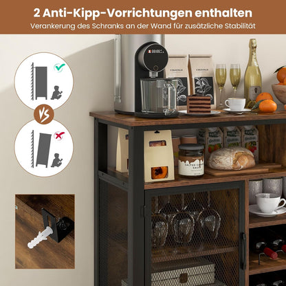 Sideboard – Dressoir – Keukenkast – Wandmeubel – Opbergkast – Met 2 Metalen Deuren – Wijnrek Met Glazenhouder – 140 x 40 x 82,5 cm – Robuust Metalen Frame – Ruime Open Vakken