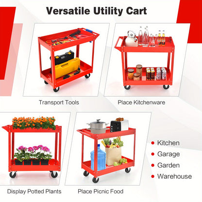 Werkplaatswagen – Gereedschapswagen – Atelierwagen – Rolwagen – Opbergtrolley – 2-laags Metalen Trolley – Rood – 100 kg Draagvermogen – 85x41x79 cm