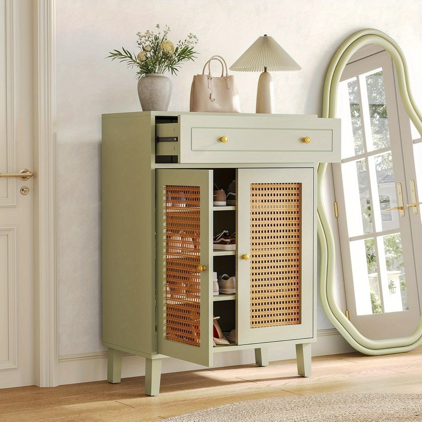 Schoenenkast – Schoenenrek – Schoenenopberger – Halkast – Schoenenkast Smal – Mintgroen Met Rattan Deuren – 4 Verstelbare Planken – Vrijstaand 80x40x111 cm
