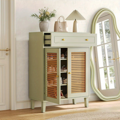 Schoenenkast – Schoenenrek – Schoenenopberger – Halkast – Schoenenkast Smal – Mintgroen Met Rattan Deuren – 4 Verstelbare Planken – Vrijstaand 80x40x111 cm