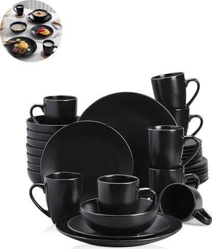 Luxe Serviesset - 32-Delig - 8 Persoons - Keramiek - Bordenset - Dinner Platen - Dessertborden - Kommen - Mokken - Schaaltjes - Zwart