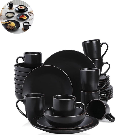 Luxe Serviesset - 32-Delig - 8 Persoons - Keramiek - Bordenset - Dinner Platen - Dessertborden - Kommen - Mokken - Schaaltjes - Zwart