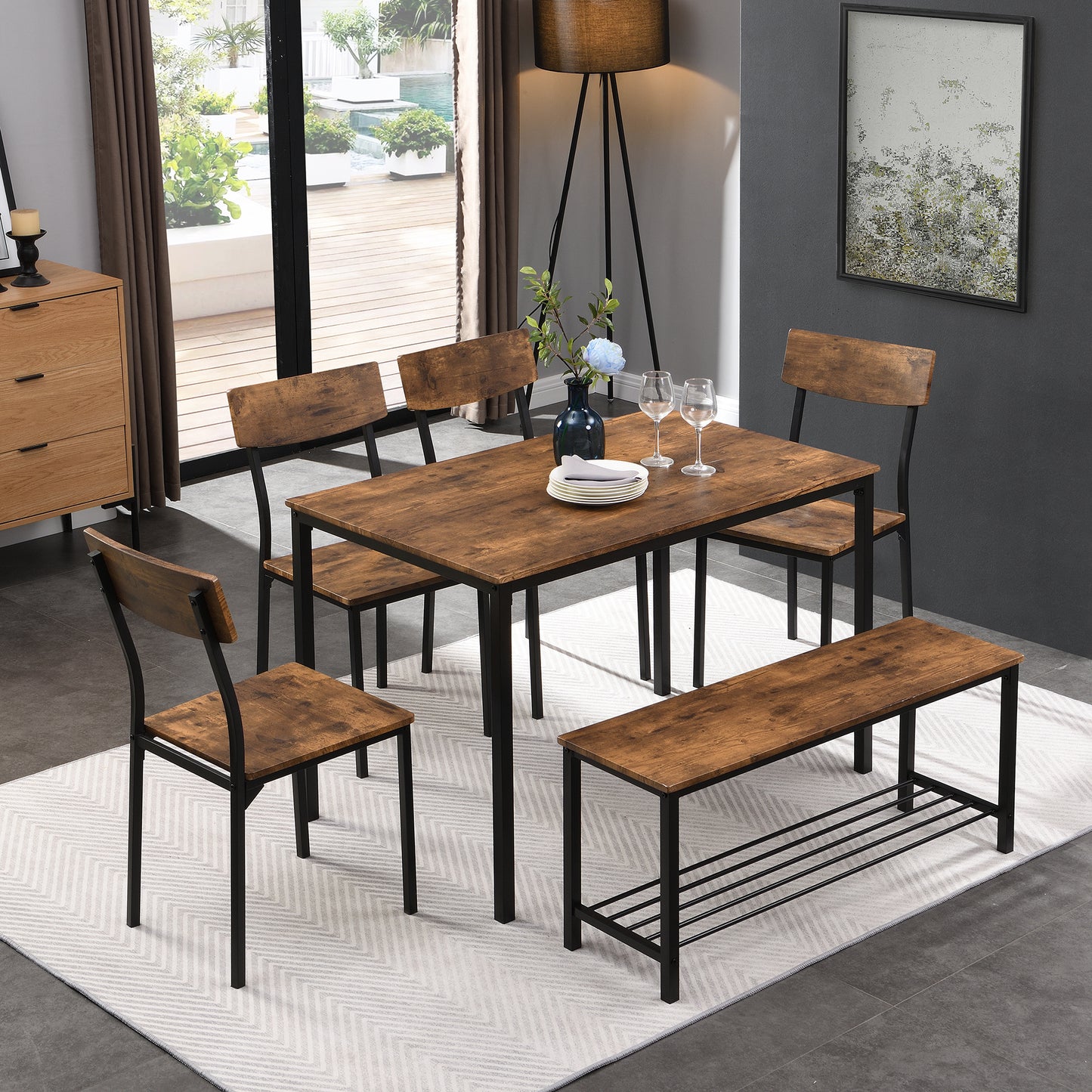 Eettafelset – 6-Delige Diningset – Stoelenset – Bank En Tafel – Houten Eettafel – Industrieel Design – Duurzaam MDF En Stalen Frame – Compact Met Opbergruimte