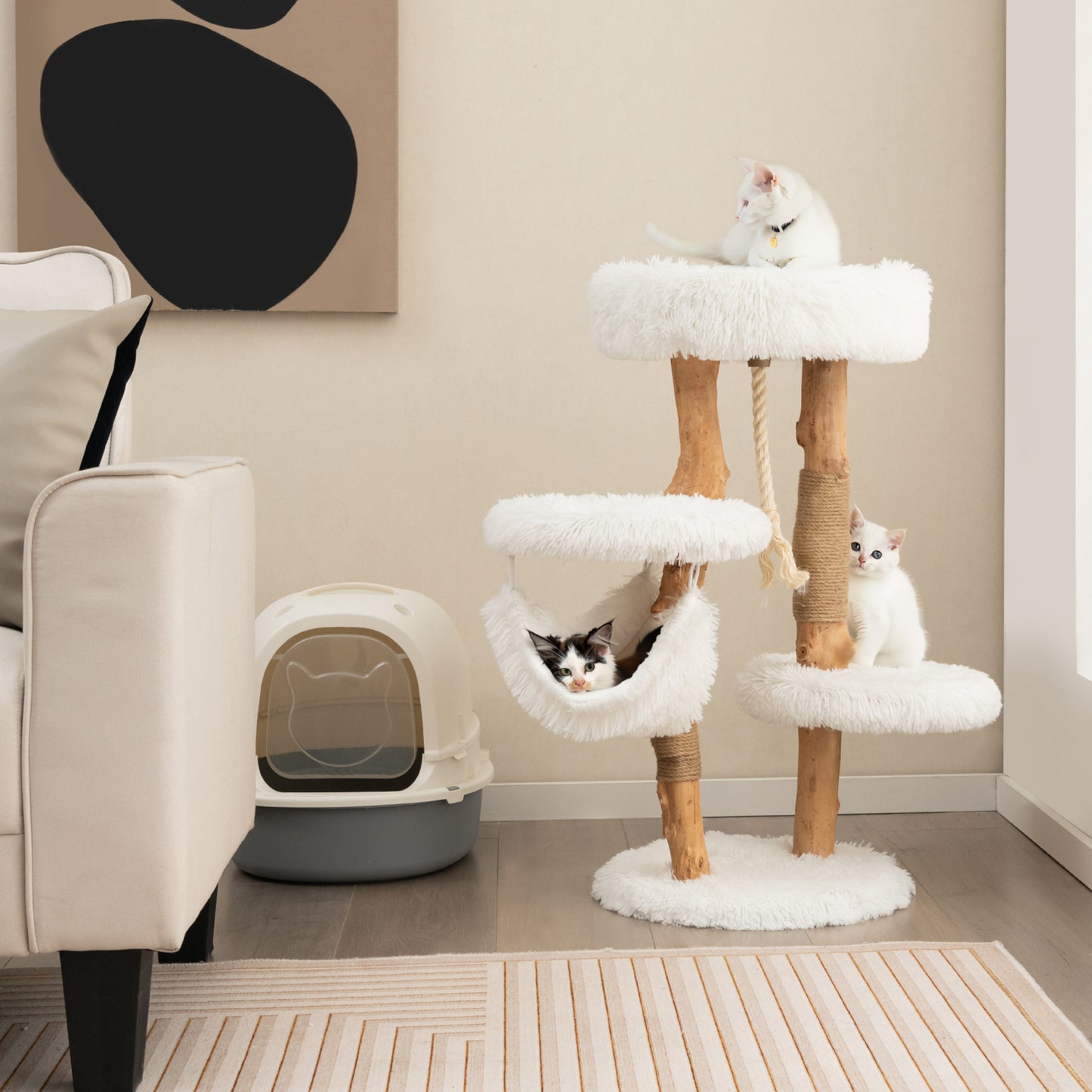 Kattenboom – Krabpaal – Klimmeubel – Kattenmeubel – Kattenligplek – Massief Perenhout – Jute Krabpalen – Meerdere Niveaus – Zacht Kussen – Natuurlijk Design
