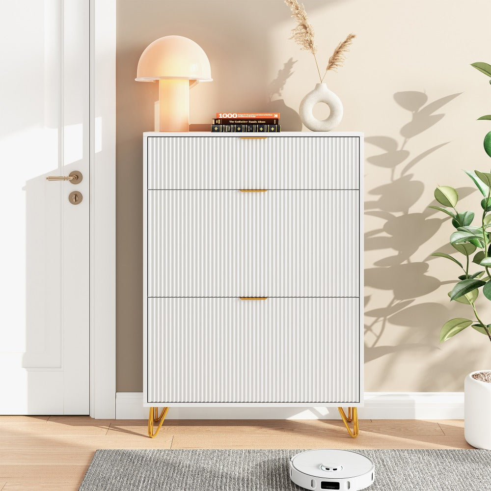 Schoenenkast – Schoenenrek – Schoenendresser – Schoenopberger – Halmeubel – 3 Lagen Opbergruimte – Wit MDF Met Goudkleurige Accenten – 80x24x118,5 cm Compact Formaat