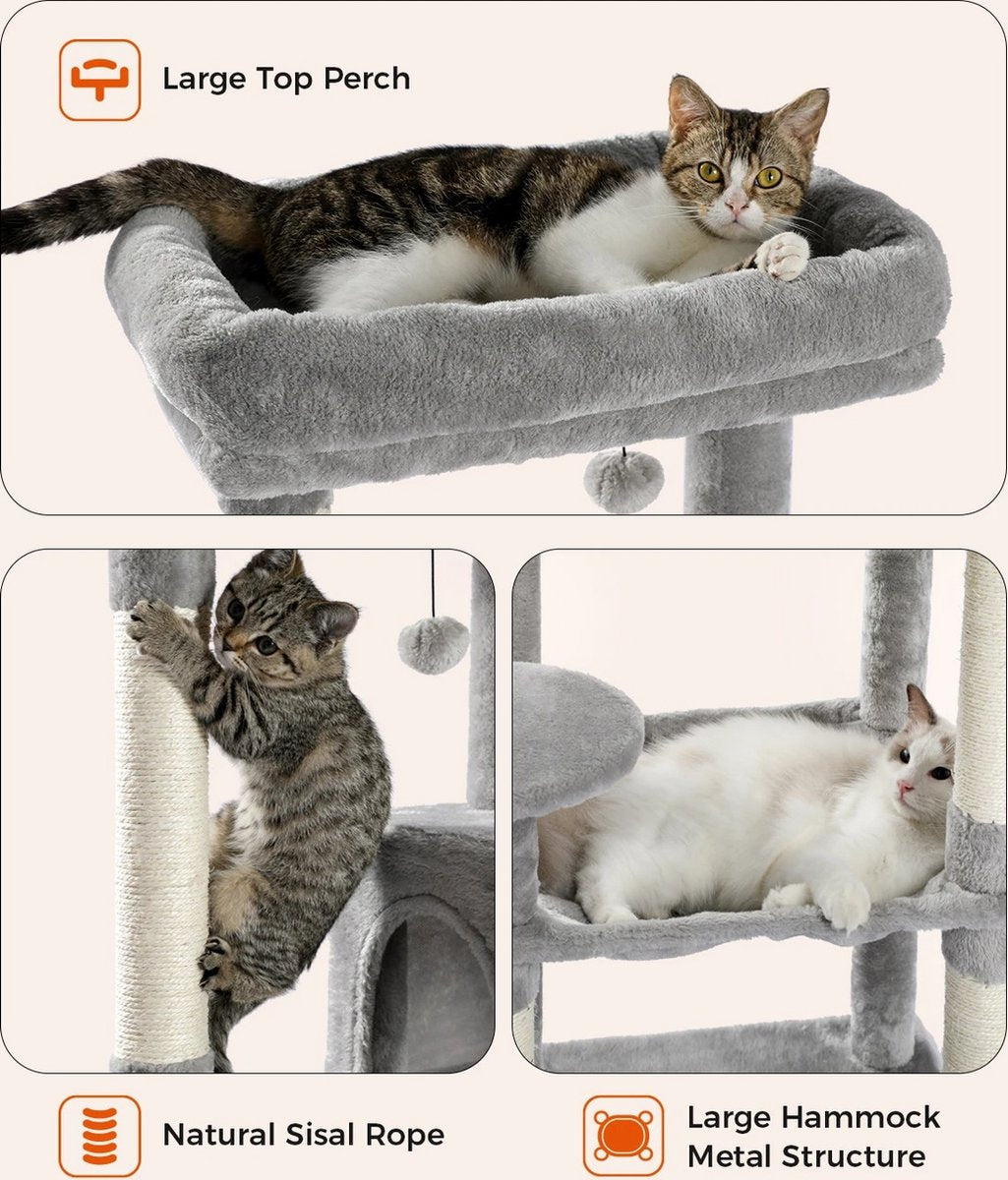 Multilevel Kattenboom - 5 verdiepingen - Inclusief Hangmat - Met Krabpalen en leuk speeltje - Voor grote katten - Grijs