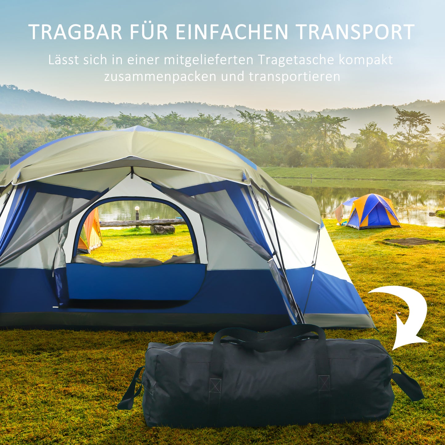 Familietent – Kampeertent – Trektent – Festivaltent – Dome Tent – Waterdicht PU 3000mm – Ruim voor 6-8 Personen – Blauw