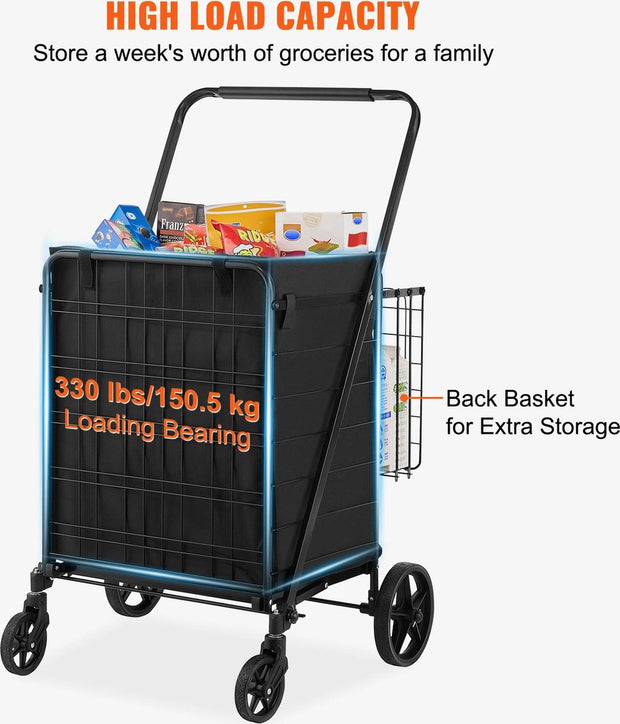 Tumex - Shopping Trolley - Foldable Shopping Cart - Waterproof Lining - 150.5kg Capacity - 360° Swivel Wheels - Extra Rear Basket