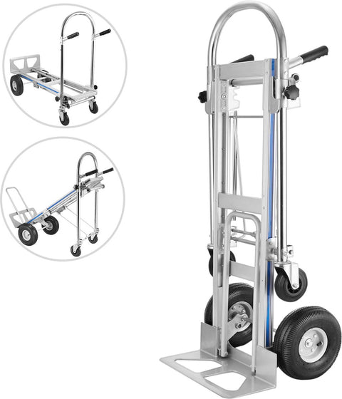 Hand Trolley - 3 in 1 - Aluminium - Twee 10 inch Luchtbanden en Twee - 5 inch Wielen -1 Neusplaat - voor Thuis, Industrieel, Kantoor, School, Werkplaats, Magazijn, Fabriek, Levering - Zilver