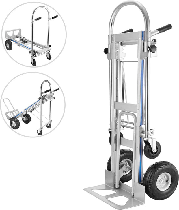Hand Trolley - 3 in 1 - Aluminium - Twee 10 inch Luchtbanden en Twee - 5 inch Wielen -1 Neusplaat - voor Thuis, Industrieel, Kantoor, School, Werkplaats, Magazijn, Fabriek, Levering - Zilver