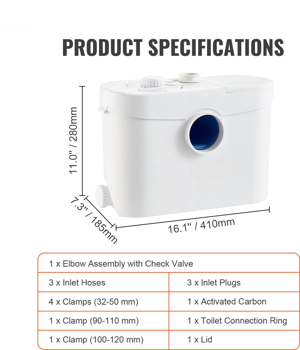 Beschermenderioolpomp - 10m Opvoerhoogte - 99% Effectief Antimicrobieel - Met 3 Waterinlaten - 700EW - 9600l/U Flow - Geen Onderhoud - Olie Die Bestand Is Tegen Heet Water - Voor Toilet - Kelder - Keuken