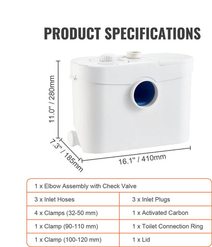 Beschermenderioolpomp - 10m Opvoerhoogte - 99% Effectief Antimicrobieel - Met 3 Waterinlaten - 700EW - 9600l/U Flow - Geen Onderhoud - Olie Die Bestand Is Tegen Heet Water - Voor Toilet - Kelder - Keuken